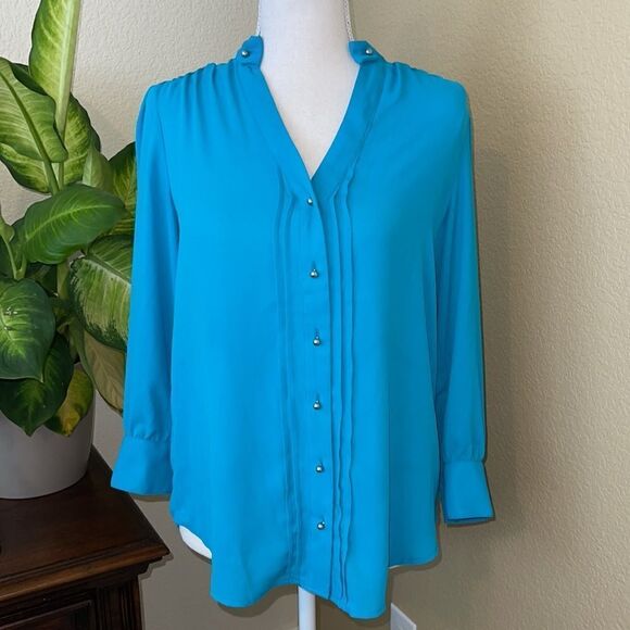 (BOGO FREE) Moulinette Soeurs Anthropologie Pemberton teal button front blouse 2 - Picture 1 of 4